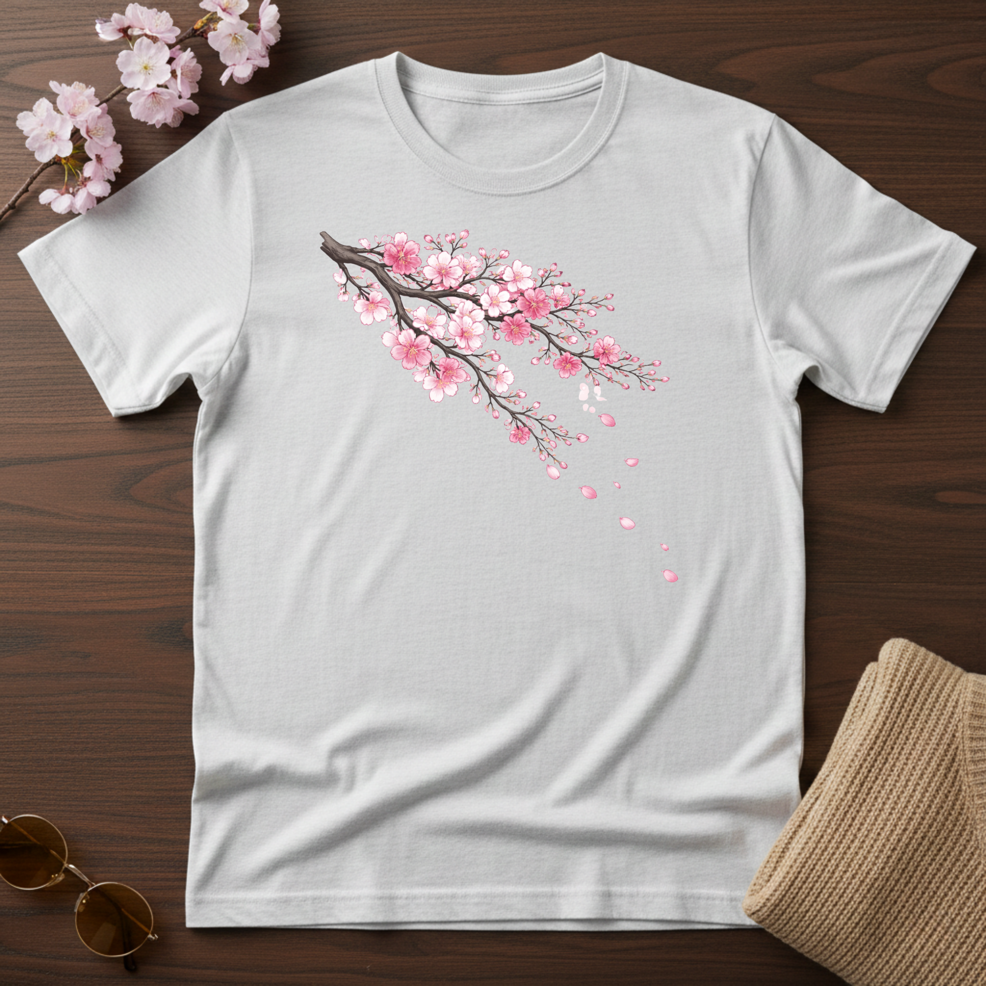 T-shirt à motif de branche de cerisier en fleurs